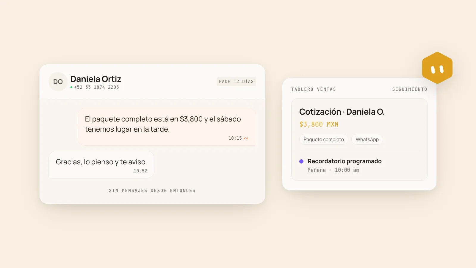 Conversación de WhatsApp que terminó en «lo pienso» hace 12 días, junto a la tarjeta de esa cotización en la columna Seguimiento con un recordatorio programado